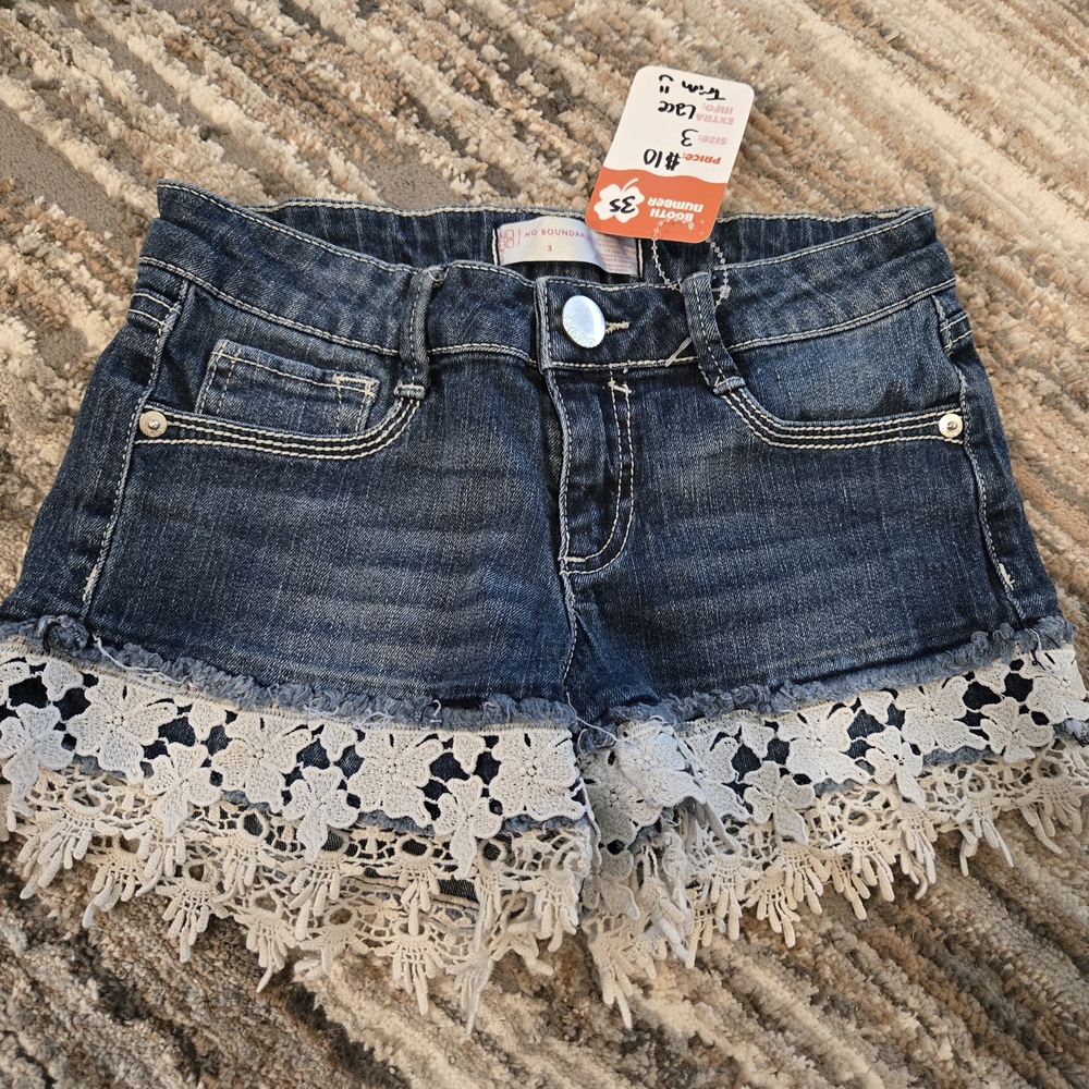 Blue and White Jean Shorts with Lace Trim
